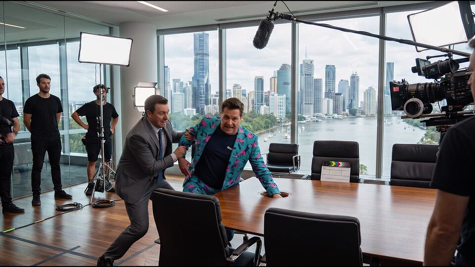 A man in a grey suit grabs Buddy (AI) as he lurches across the boardroom table, cameras rolling