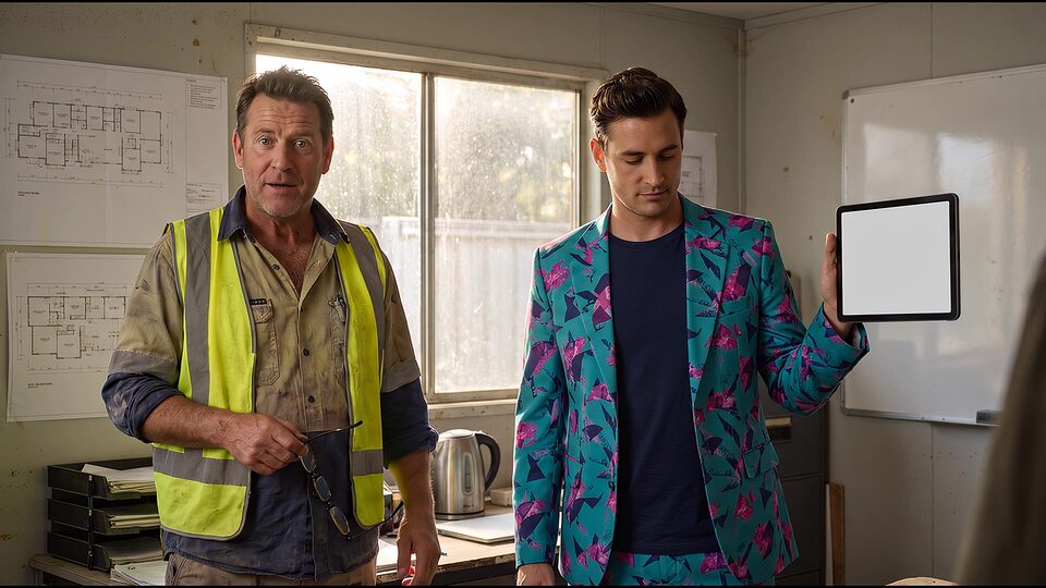 A tradie in hi-vis stands in his office beside a man in teal print holding up a tablet