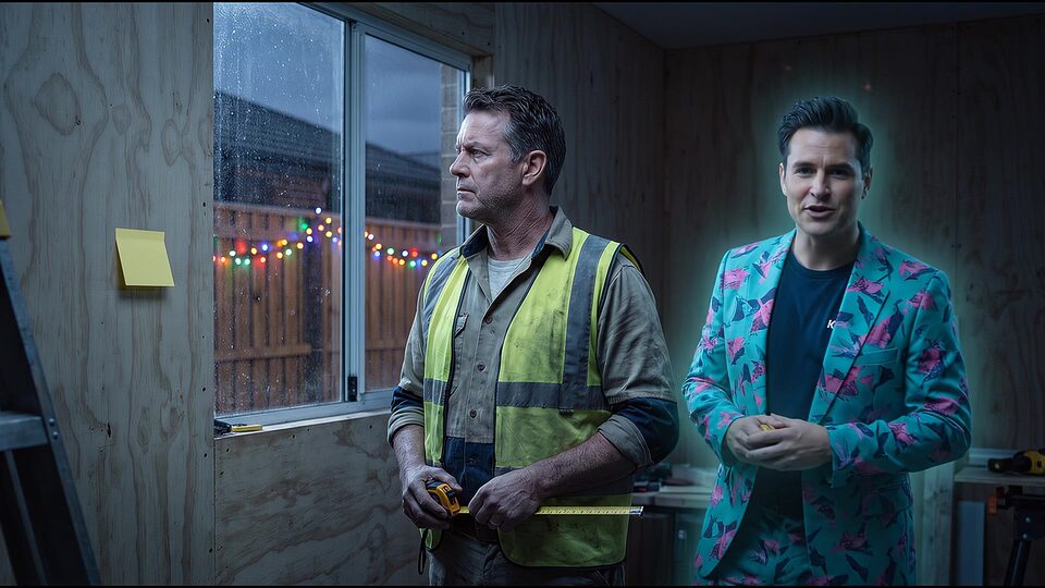 A tradie in hi-vis holds a tape measure in an unlined plywood room at dusk as Buddy (AI) glows
