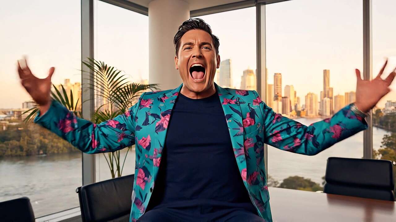 Buddy (AI) throws his arms wide and shouts in a boardroom above the city