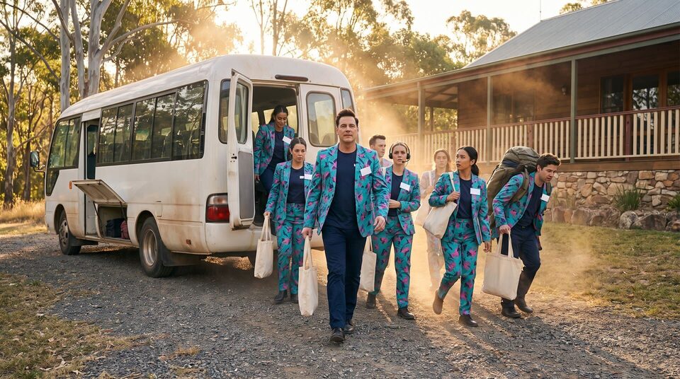 A crew in teal print walk away from a minibus at a bush camp