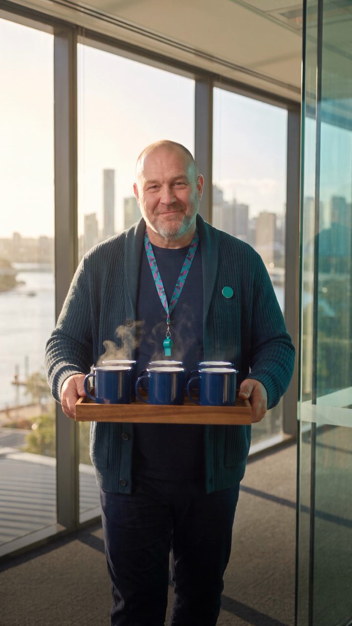 Wilf, the AI coach, carrying a tray of mugs of tea through the office.