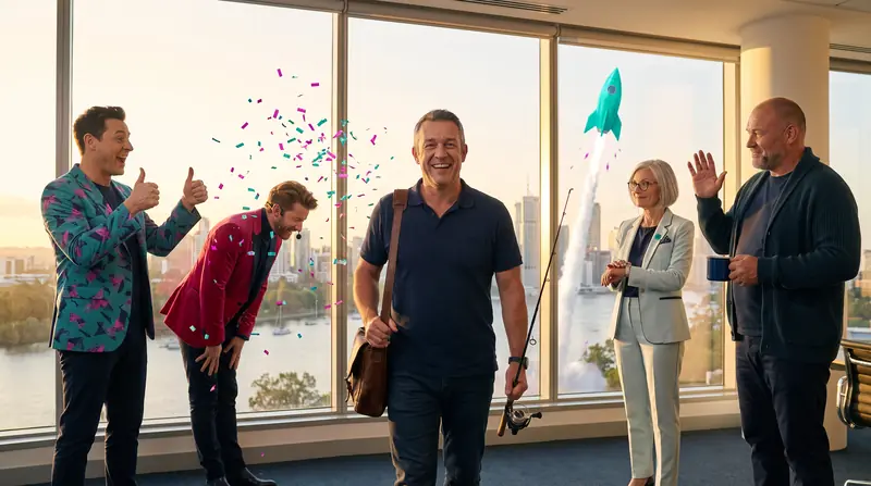 Five o'clock on a Friday: the owner heads home with a fishing rod past Buddy and the three AI coaches, while a teal rocket rises over Brisbane.