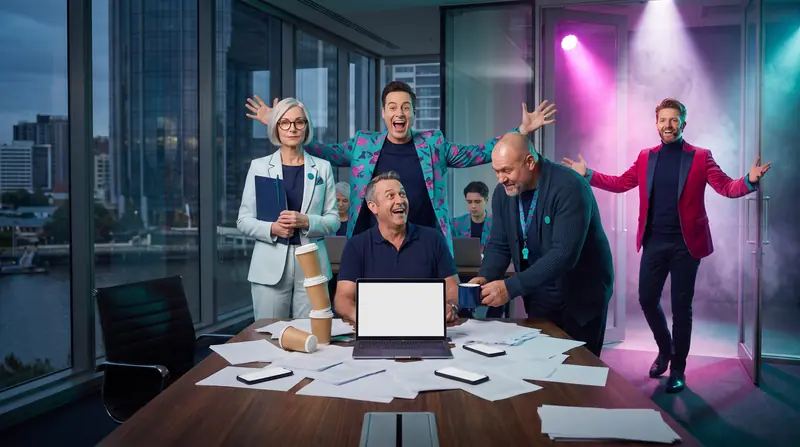 Buddy from Kindra Hire bursts into the boardroom to present three AI business coaches to a swamped business owner: Monty in a spotlight, Dot with her clipboard and Wilf with a cup of tea.