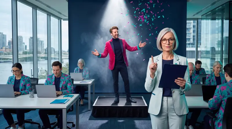 Monty, the AI coach, on a tiny office stage in a spotlight with smoke and confetti, while the crew keep working and Dot holds up one finger.