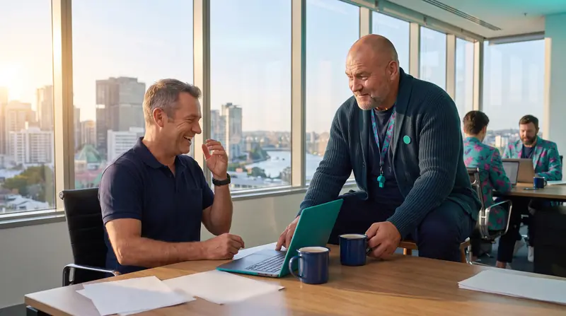 Wilf, the AI coach, a big bloke in a teal cardigan on a stool that looks tiny under him, slides the owner's laptop back in front of him with two mugs of tea.
