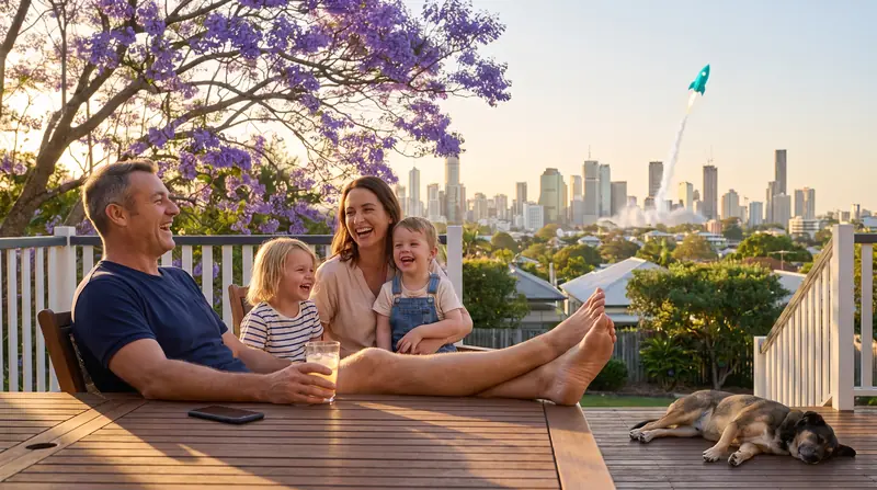 The owner laughing with his family on a Queensland back deck at golden hour, phone face down, as a teal rocket rises over the city.