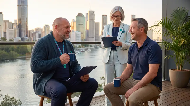 Wilf, the AI coach, and the owner share a cuppa on a balcony at golden hour while Dot ticks her clipboard.