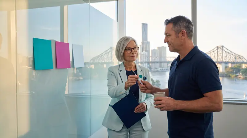 Dot, the AI coach, hands the owner a marker at a glass wall with three blank sticky notes on a Monday morning.