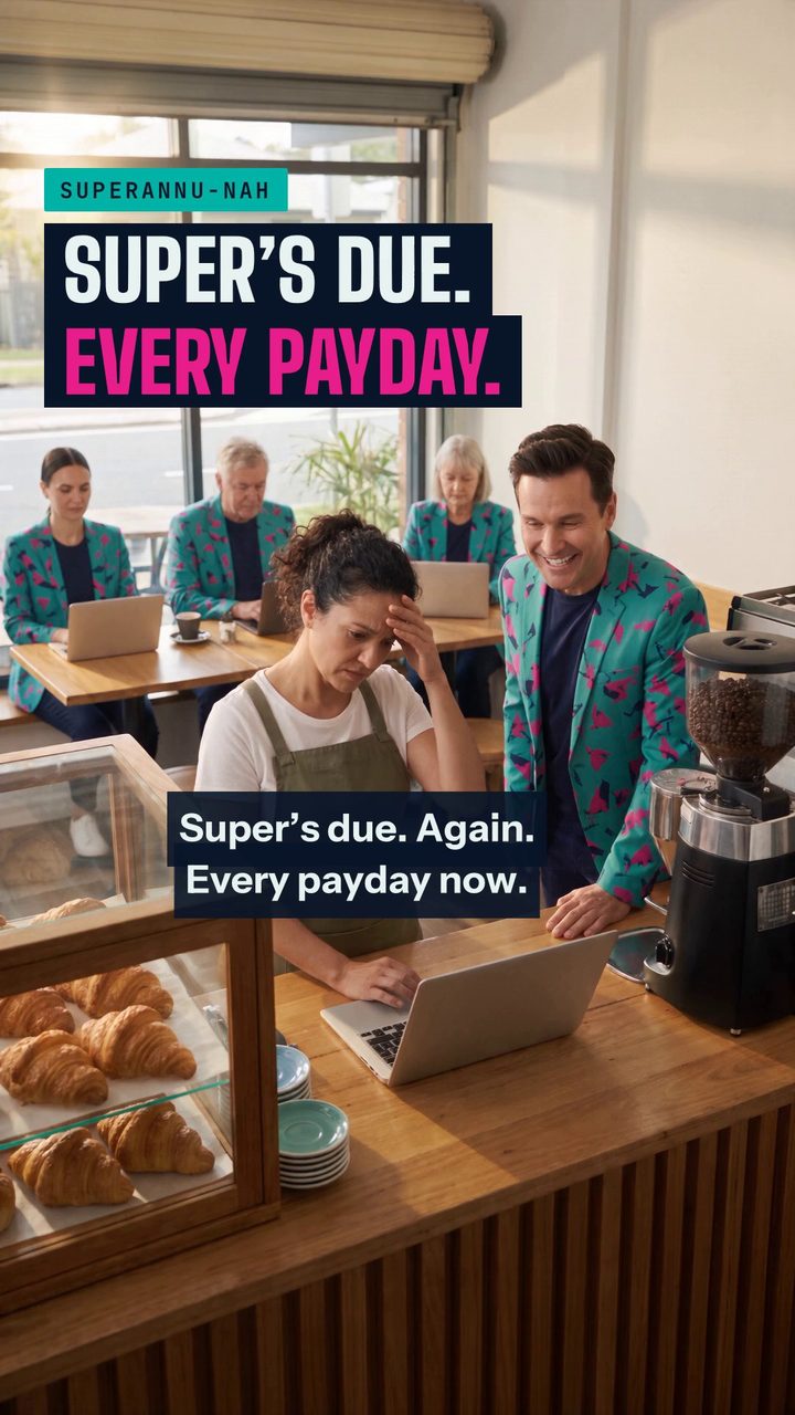 Super’s due. Every payday. Buddy (AI) and the AI staff with the owner, on set.