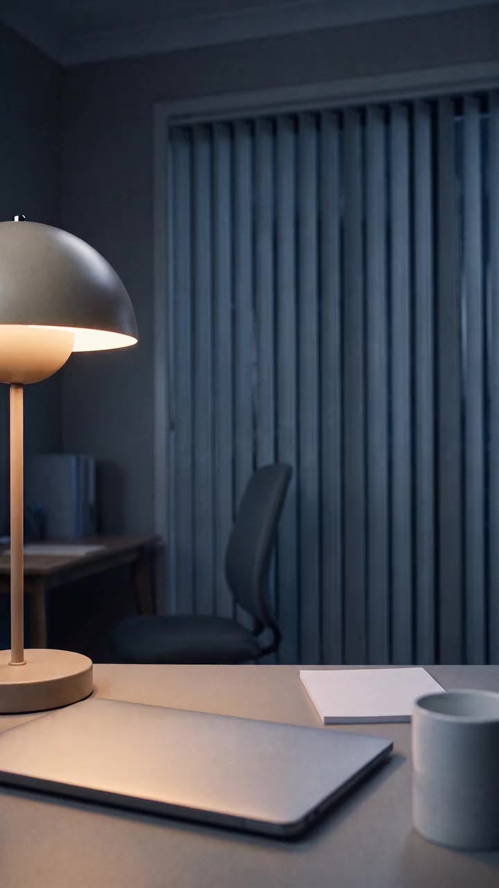 The first frame of the film: a dark office after hours, a desk lamp on over a closed laptop, a notepad and a mug.