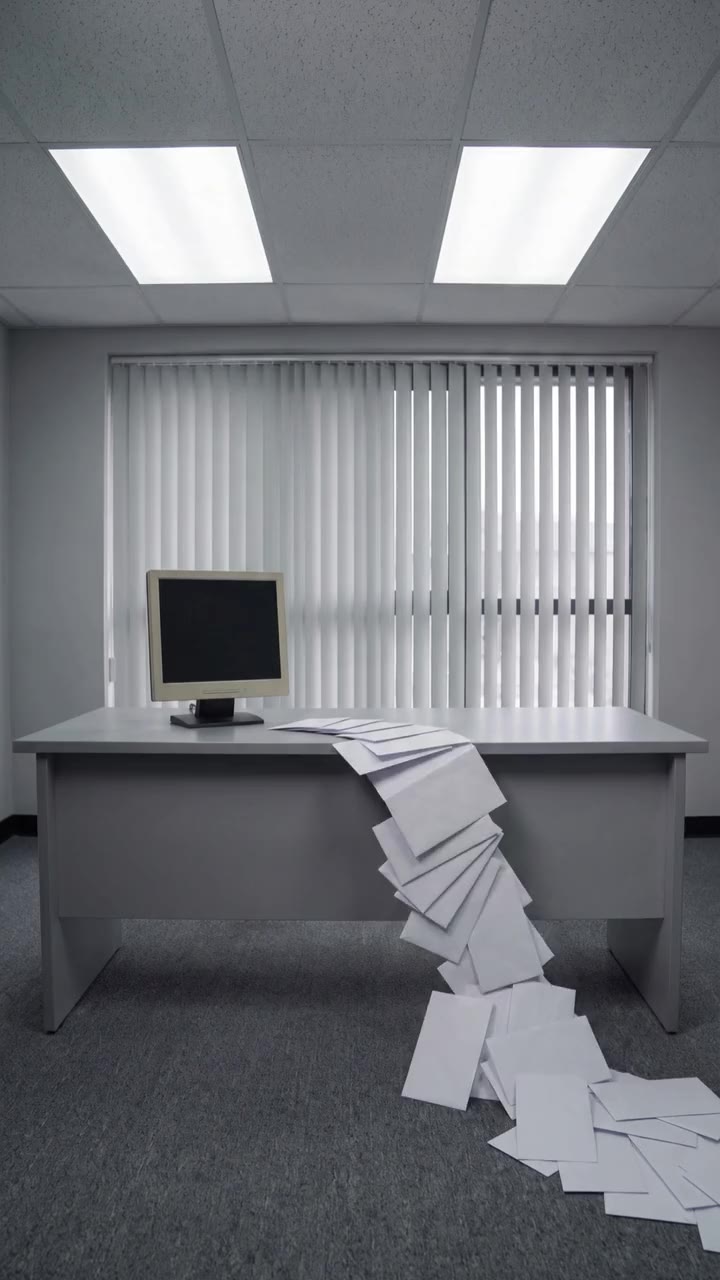 The first frame of the film: an empty office with an old monitor on a desk and a trail of paper spilling off it onto the carpet.