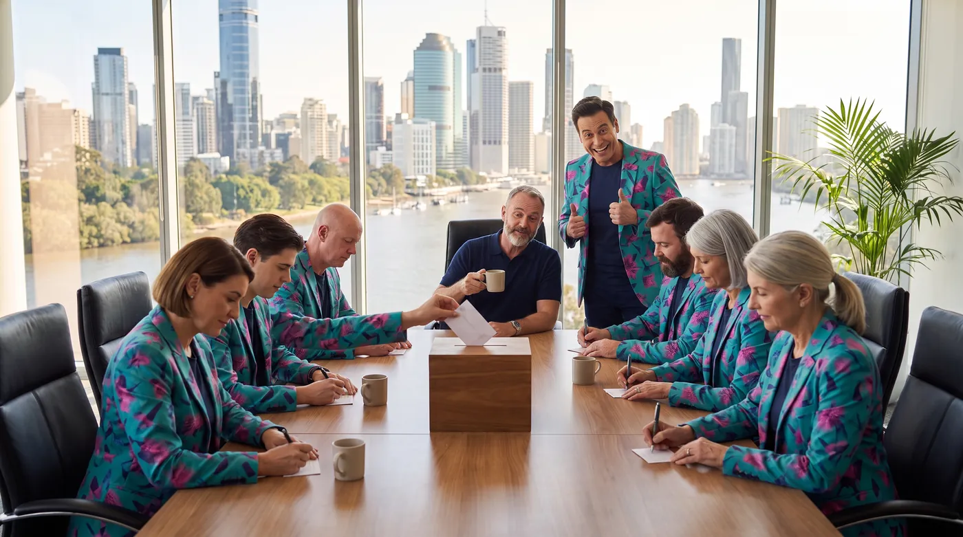 The crew sit around a timber table writing on blank cards and dropping them into a plain wooden box while the owner listens and Buddy (AI) gives a thumbs up.