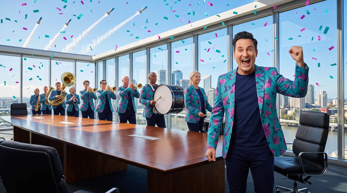Buddy, the AI character who runs the Kindra Hire crew, stands on a boardroom table with a fist in the air while the crew plays in a marching band, confetti flies and rockets fire through the open roof.
