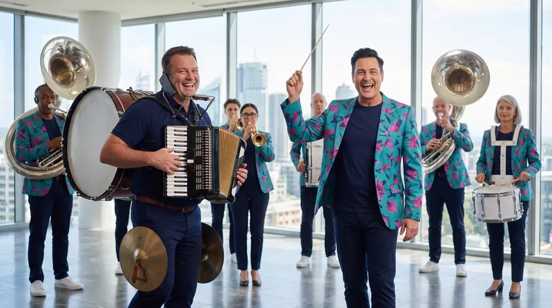 An owner plays every instrument at once like a one-man band while the crew line up behind him as a proper marching band and Buddy (AI) conducts.