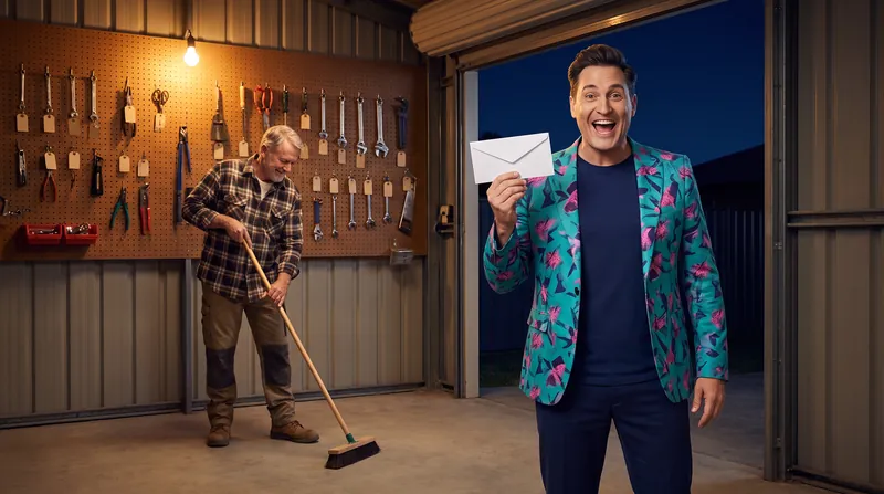An owner sweeps a spotless shed at night while Buddy (AI) stands in the doorway holding up a single envelope.