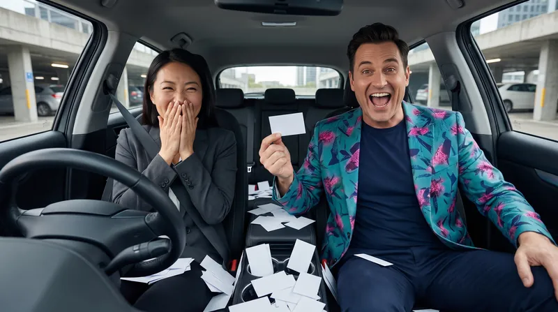 An owner laughs in the driver’s seat of a car full of blank business cards while Buddy (AI) holds one up from the passenger seat.