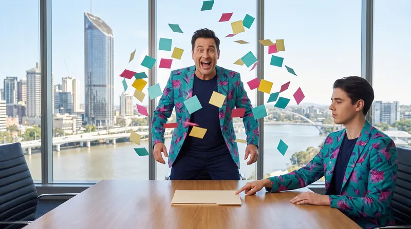 Buddy (AI) juggles a storm of blank sticky notes while a calm crew member slides one neat folder across the table.