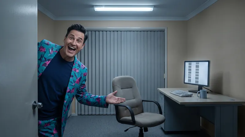 Buddy (AI) leans into a bleak beige home office, gesturing at an empty chair in front of a glowing screen and a cold coffee.
