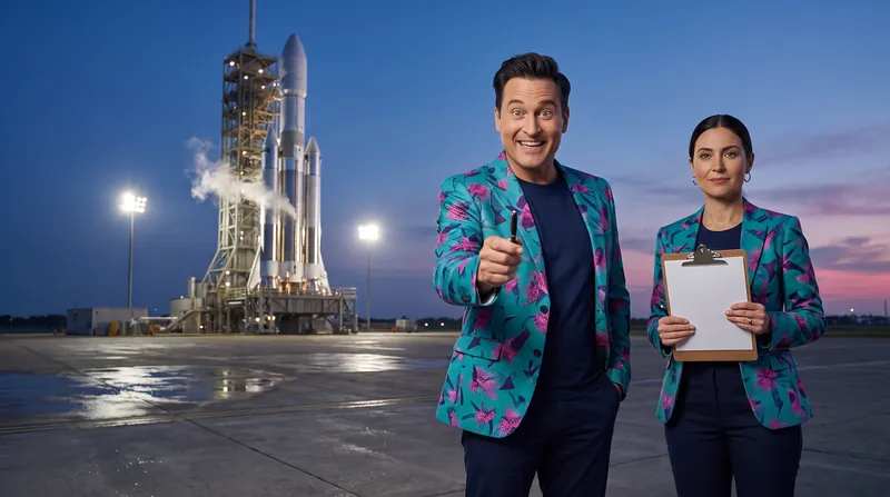 A fully built rocket waits on a launch pad at dusk while Buddy (AI) holds out a pen and a crew member holds a blank sign-off sheet.