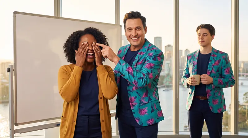 An owner laughs with her hands over her eyes in front of a blank whiteboard while Buddy (AI) gently lifts one of her fingers.