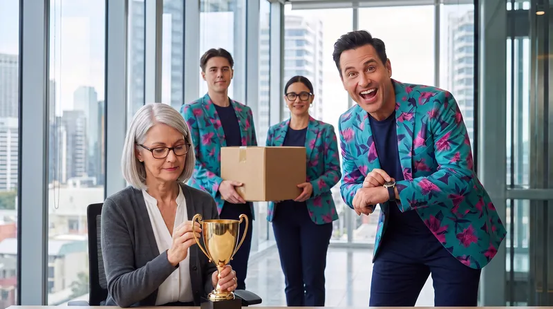 An owner polishes an already gleaming trophy while two crew members hold a finished, taped box and Buddy (AI) taps his watch.