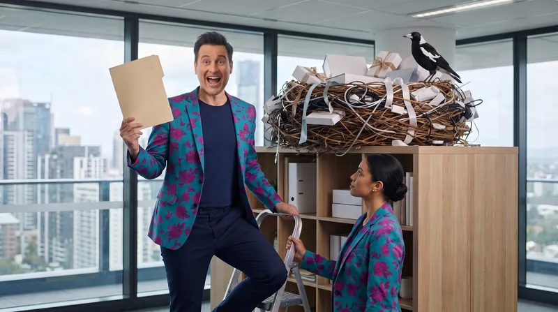 Buddy (AI) on a step ladder holds up one plain folder beside a magpie’s nest of blank boxes and ribbons on an office bookshelf.