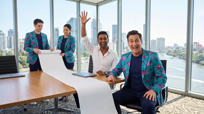 An owner shoots his hand up to say yes while two crew members unroll a very long blank scroll behind him and Buddy (AI) grins.