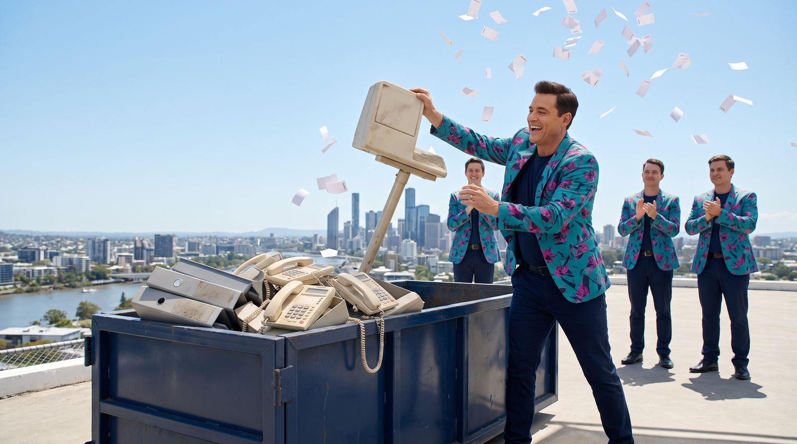 Buddy tips an old ticket queue machine and a pile of desk phones into a skip bin on a Brisbane rooftop while the crew applaud