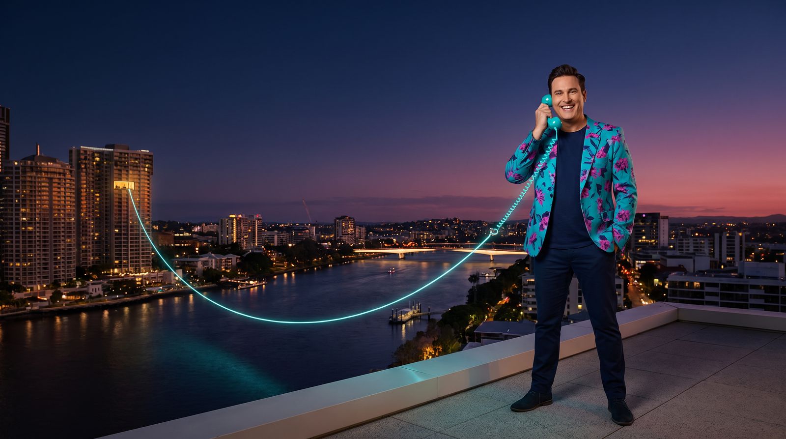 Buddy on a Brisbane rooftop at dusk with a teal phone whose glowing cord runs across the river to one lit window