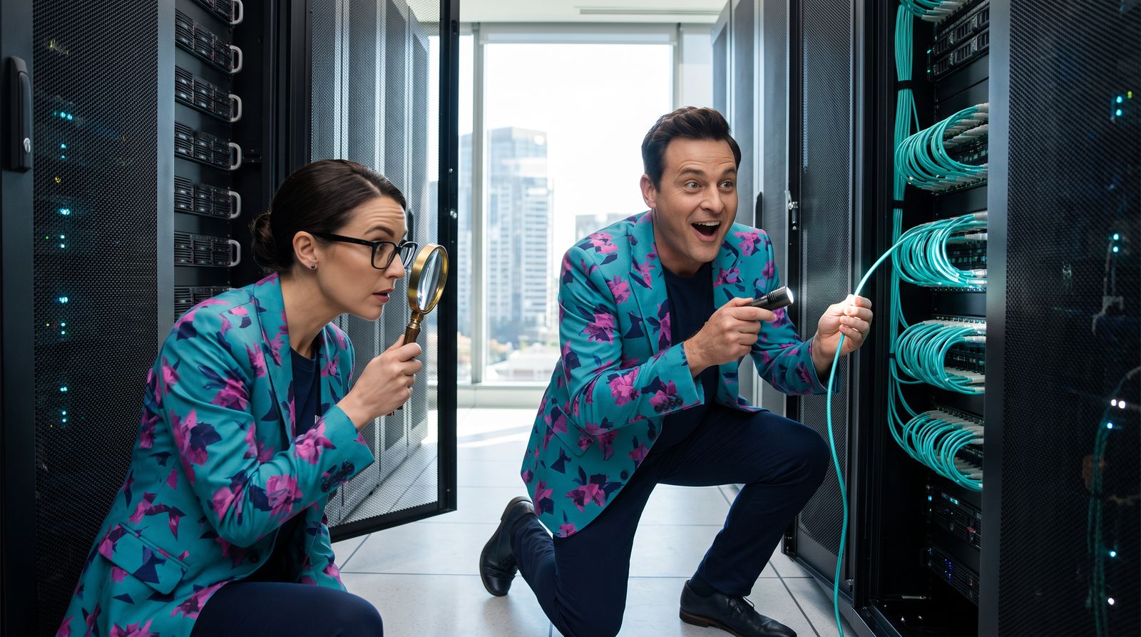The diagnostician studies one glowing cable through a magnifying glass while Buddy holds the torch