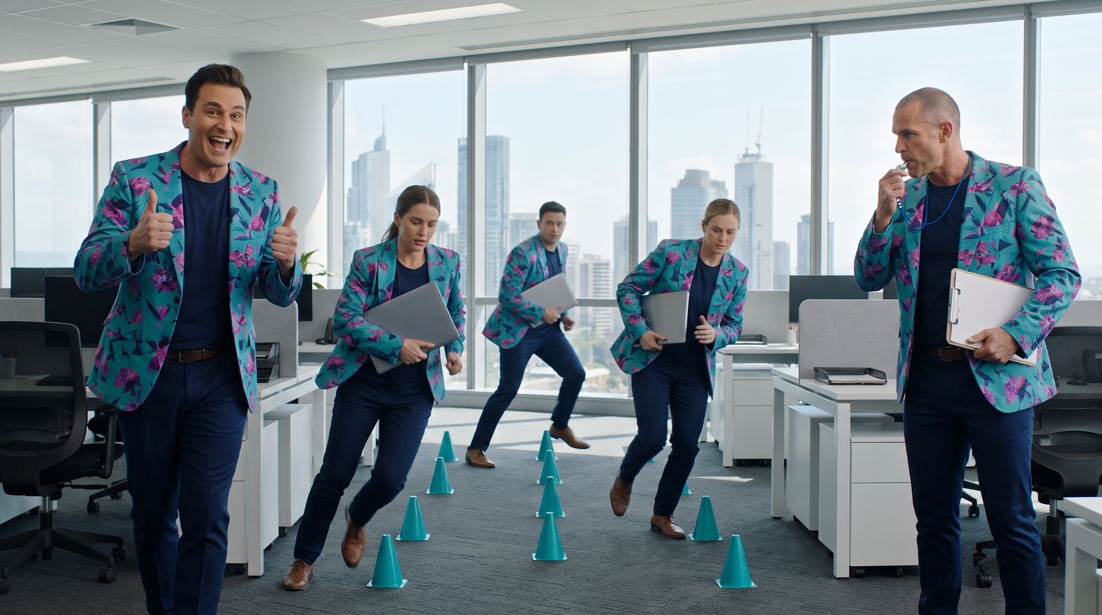 The coach blows a whistle while AI staff run drills through training cones between the desks