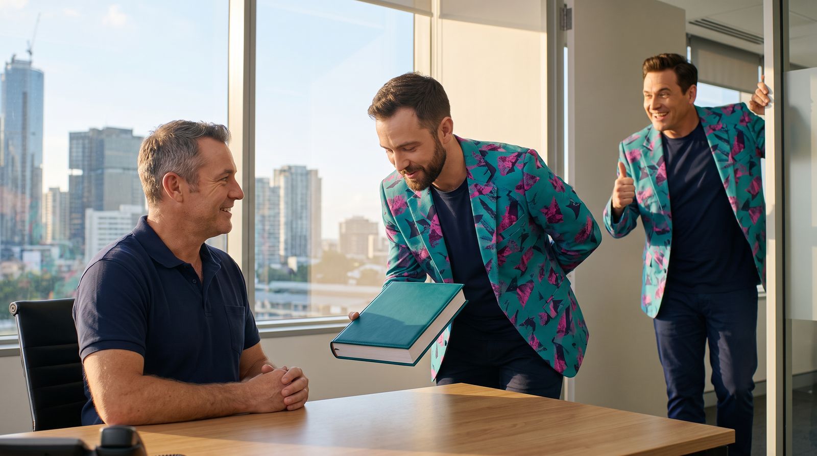 The scribe presents a bound teal report to a delighted business owner with a butler's bow