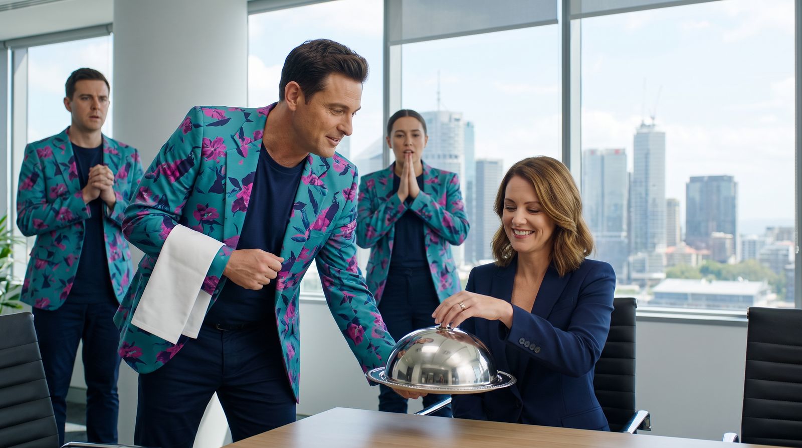 Buddy, dressed as a waiter, presents a silver cloche to a business owner who decides whether to lift the lid
