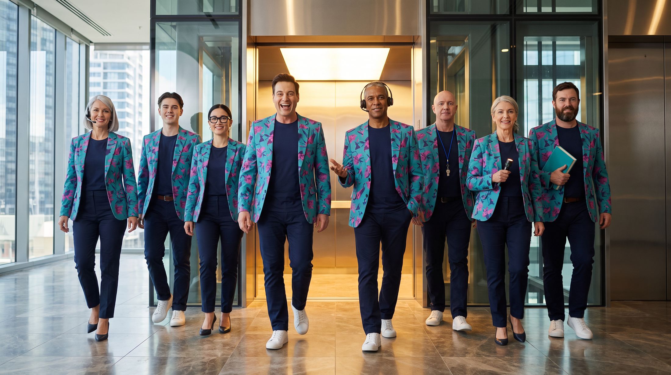 The whole Kindra Care crew, with Buddy and Alfred Care, stride out of a lift into a bright lobby