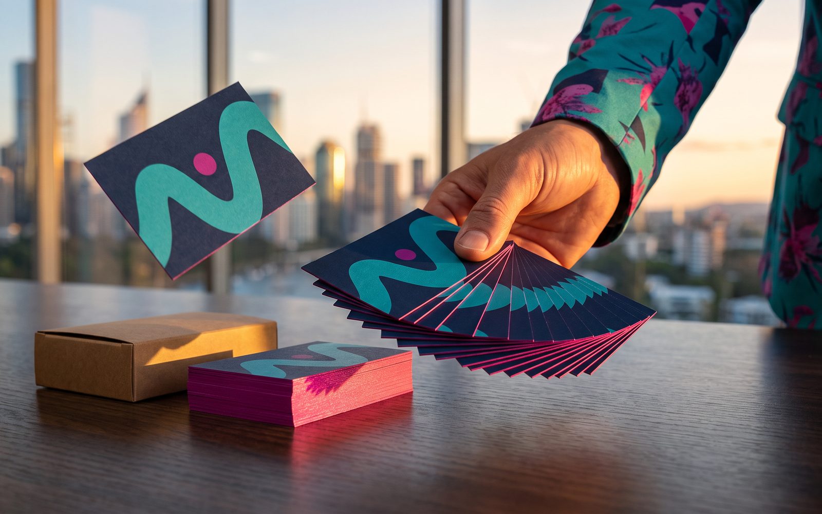A fan of navy business cards with teal waves and magenta edges dealt across a desk