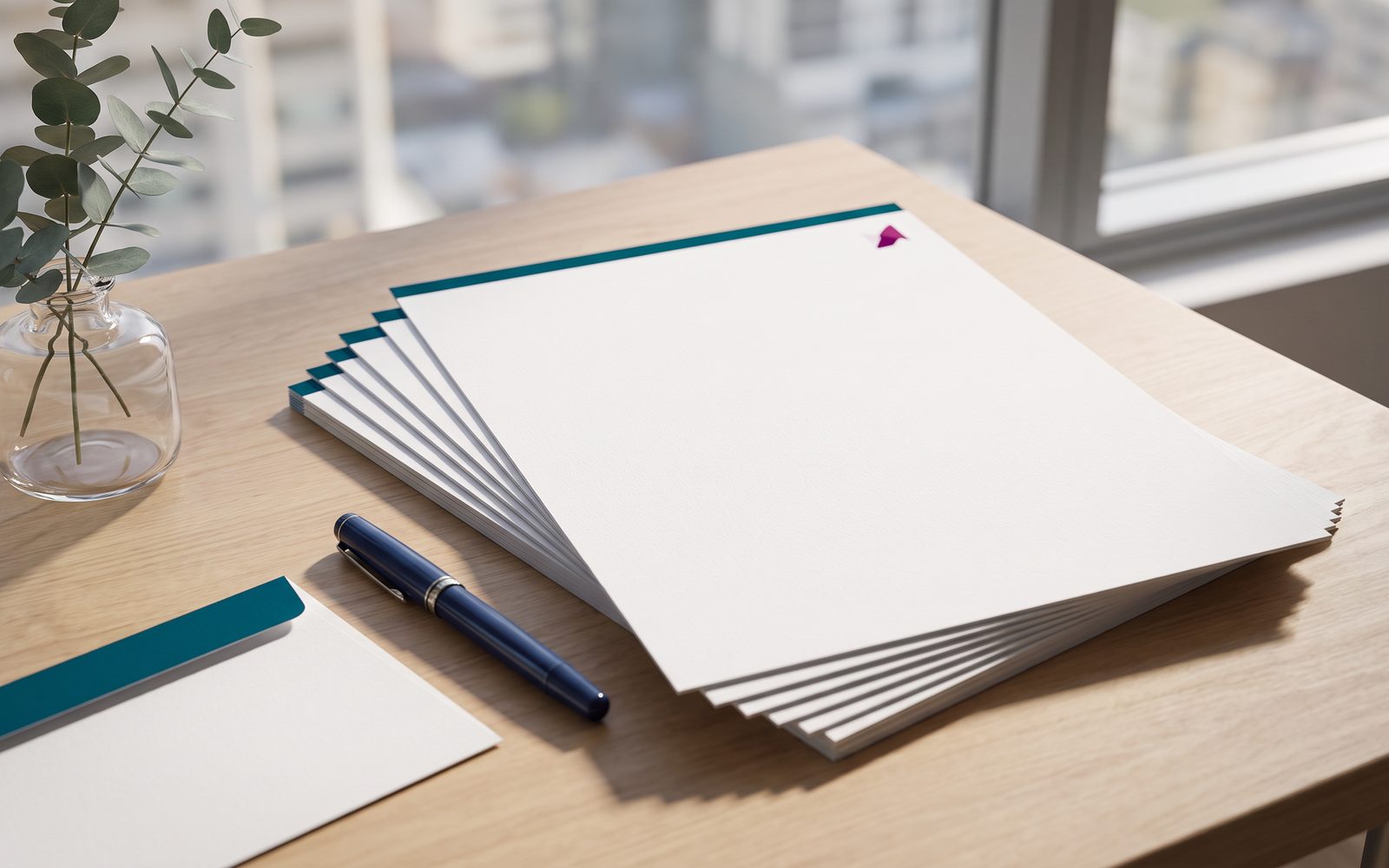A soft stack of white letterheads with a teal band, an envelope corner and a fountain pen
