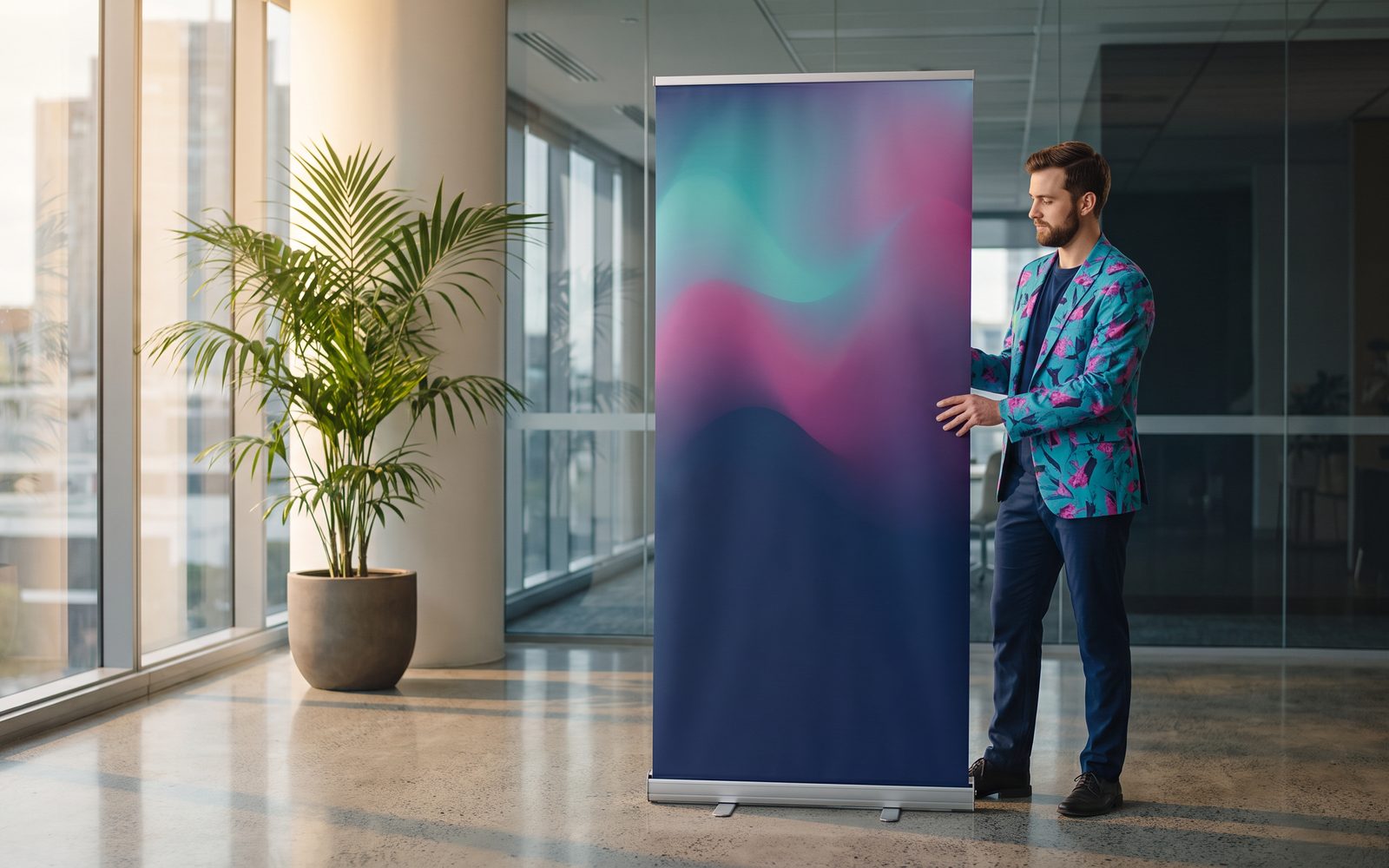 A crew member pulls up a tall teal and magenta banner in a bright foyer