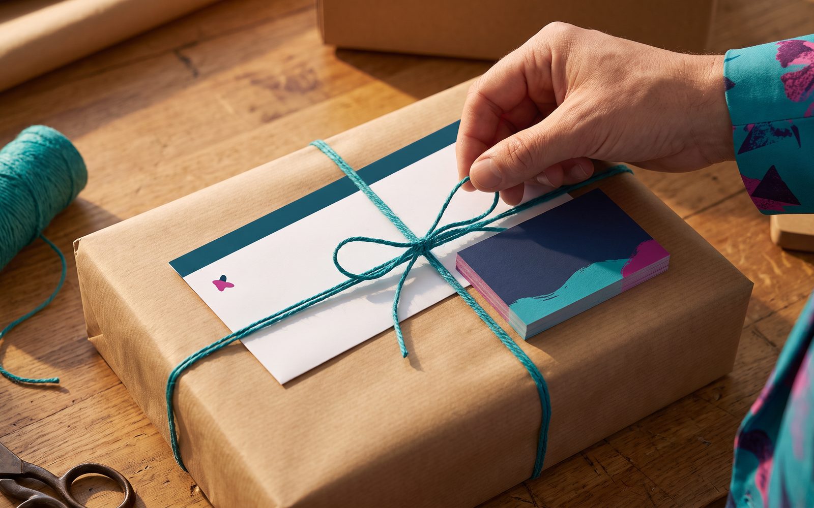 A compliments slip and a business card tucked under teal twine on a kraft parcel