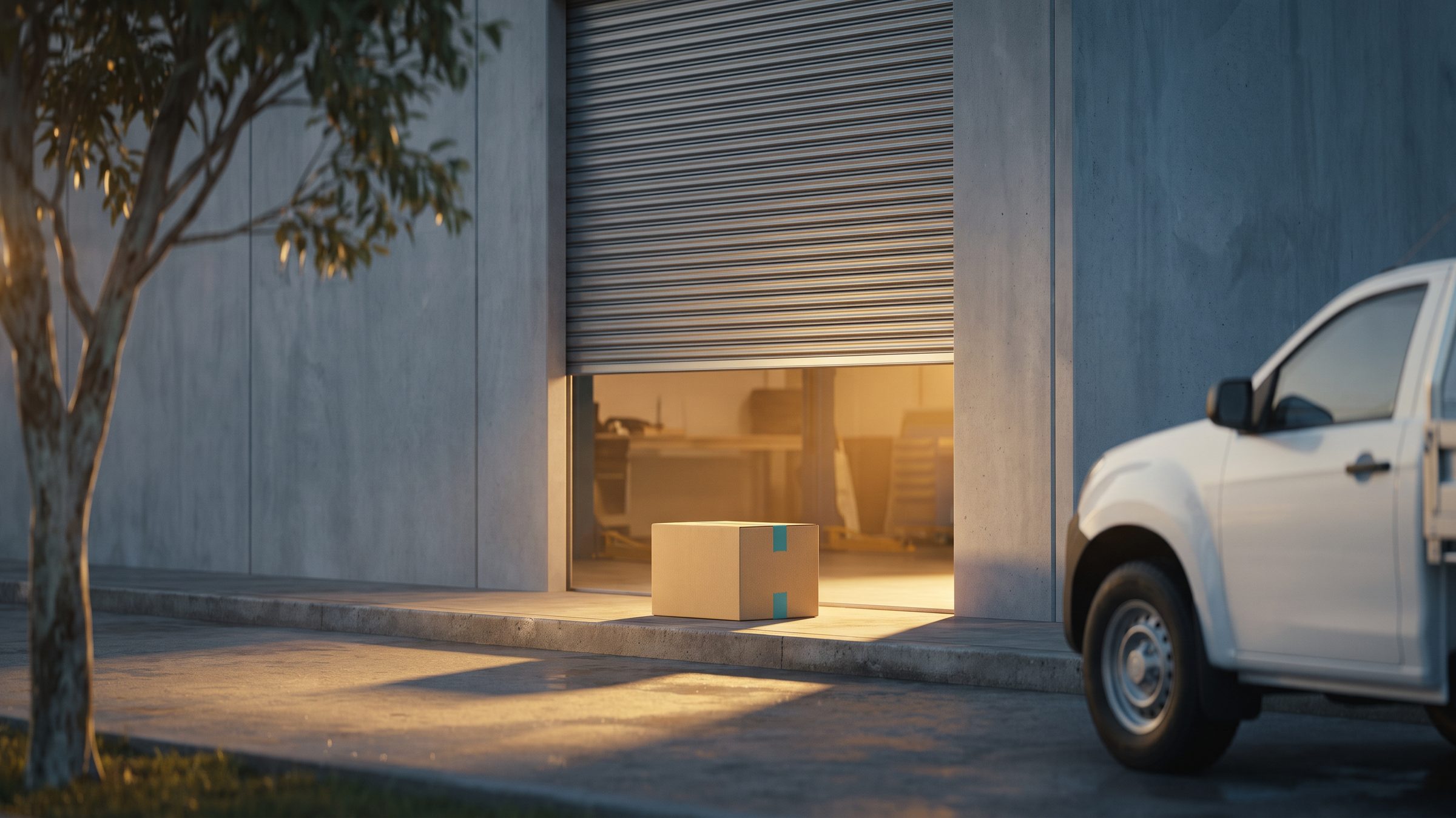 A sealed kraft box waiting on the step of a workshop roller door in early morning sun