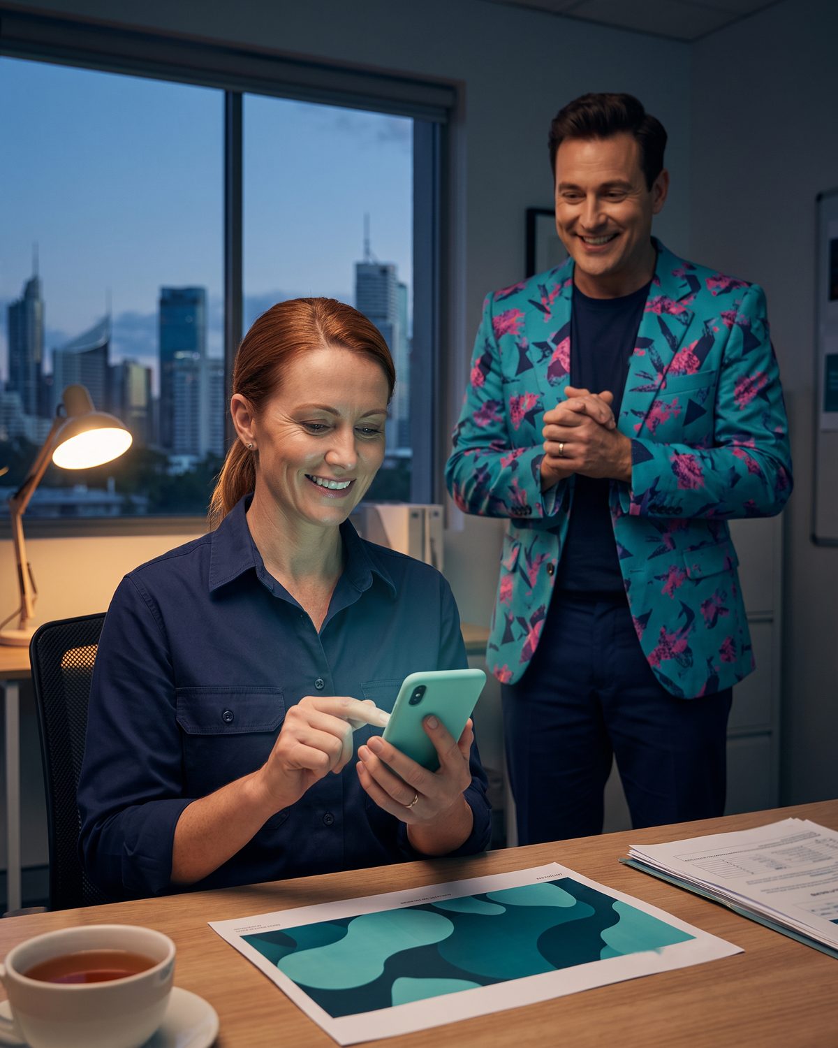 A business owner checks the quote on her phone while Buddy waits for her nod
