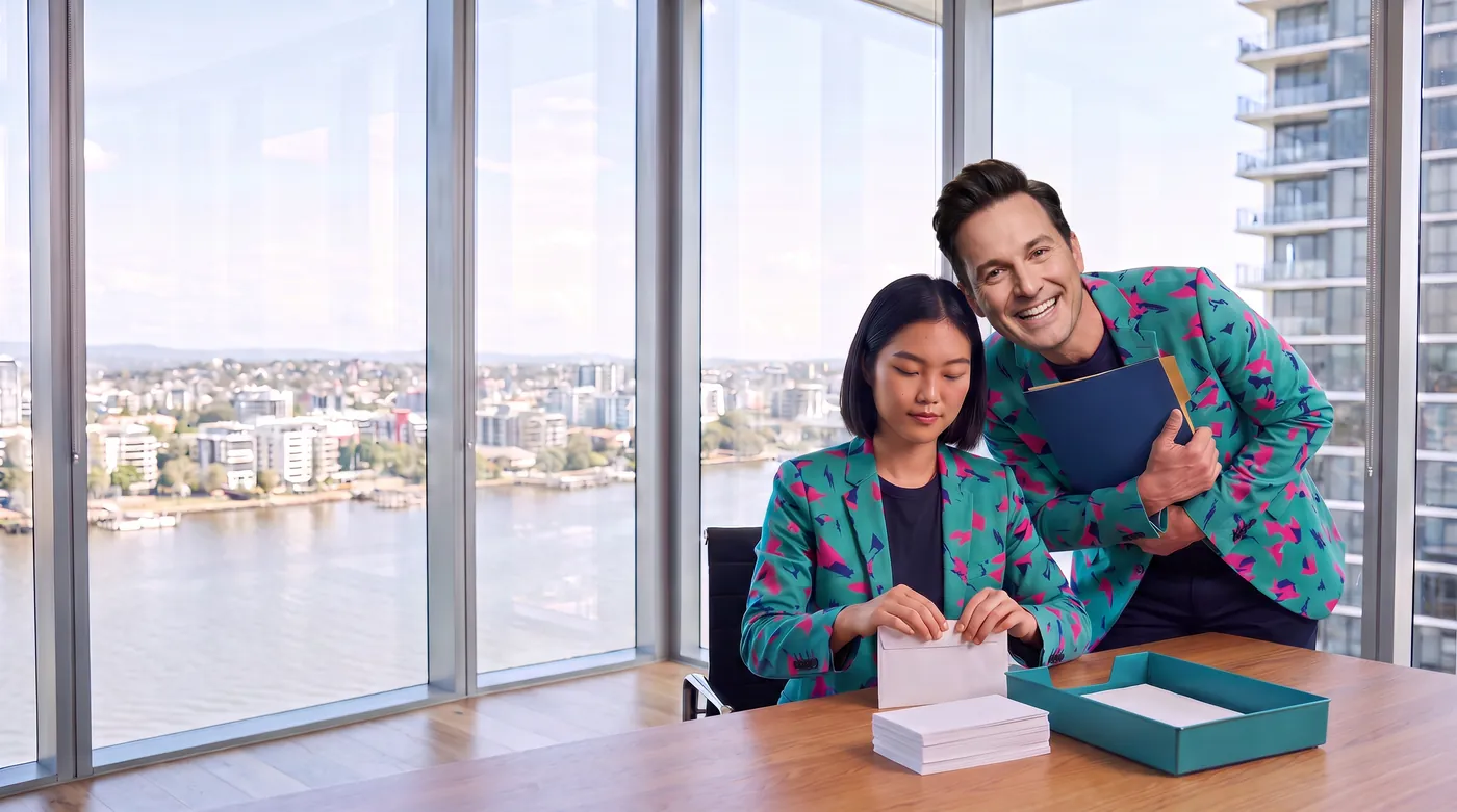 An AI staffer seals envelopes beside a teal tray while Buddy (AI) leans in behind her, hugging a folder and grinning.