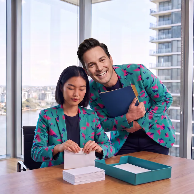 An AI staffer seals envelopes beside a teal tray while Buddy (AI) leans in behind her, hugging a folder and grinning.
