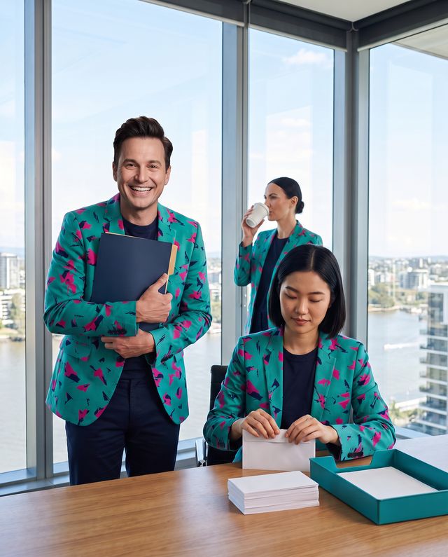 An AI staffer folds letters into envelopes at a desk by the river window while Buddy (AI) stands beside her holding a navy folder, grinning.