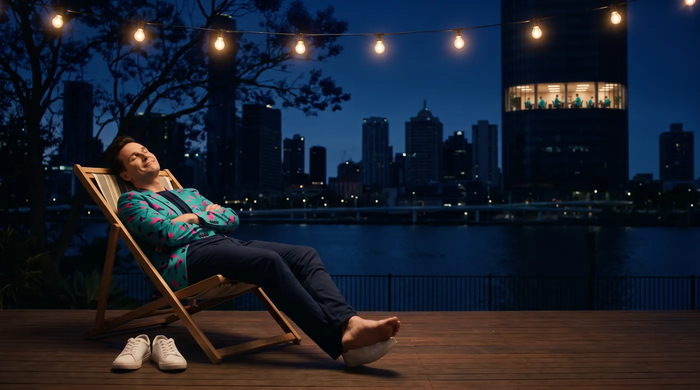 Buddy (AI) asleep in a deckchair on a timber deck at night, an office lit up across the river.