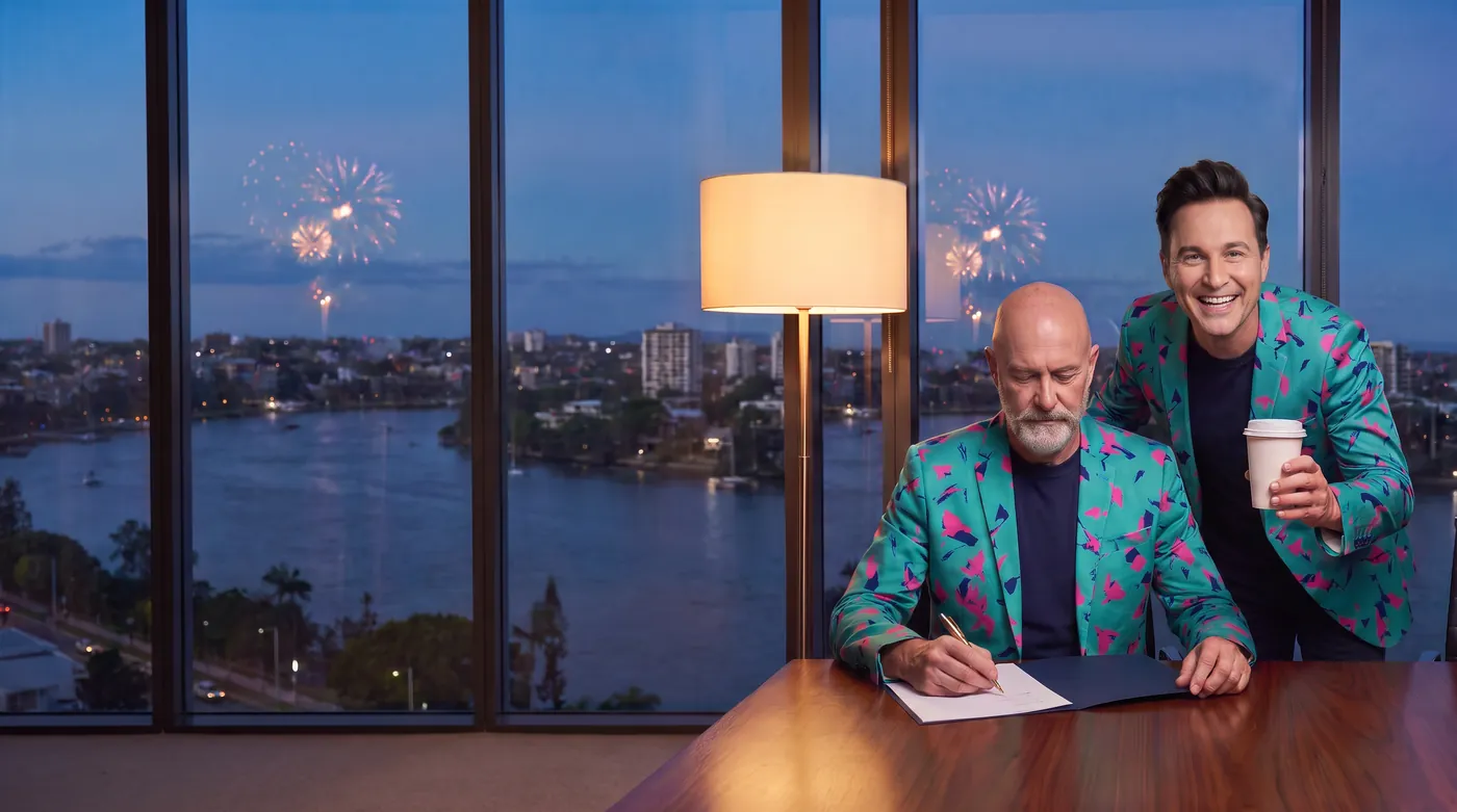 An AI staffer drafts a proposal at a boardroom table at dusk while Buddy (AI) leans in with a takeaway coffee, fireworks over the river behind them.
