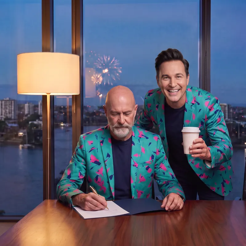 An AI staffer drafts a proposal at a boardroom table at dusk while Buddy (AI) leans in with a takeaway coffee, fireworks over the river behind them.