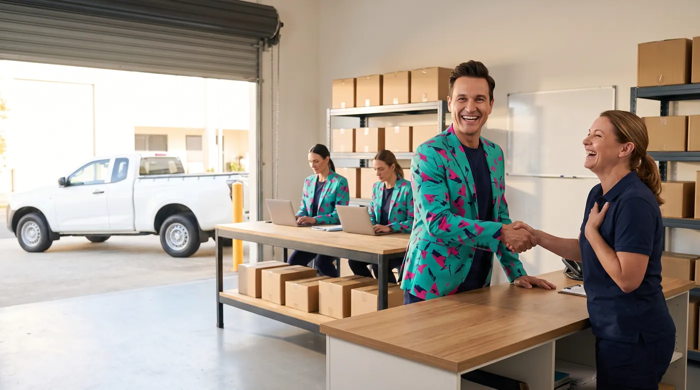 Buddy (AI), grinning in his teal print jacket, shakes hands with a delighted business owner on his first morning, while AI staff in matching jackets already work at the bench behind.