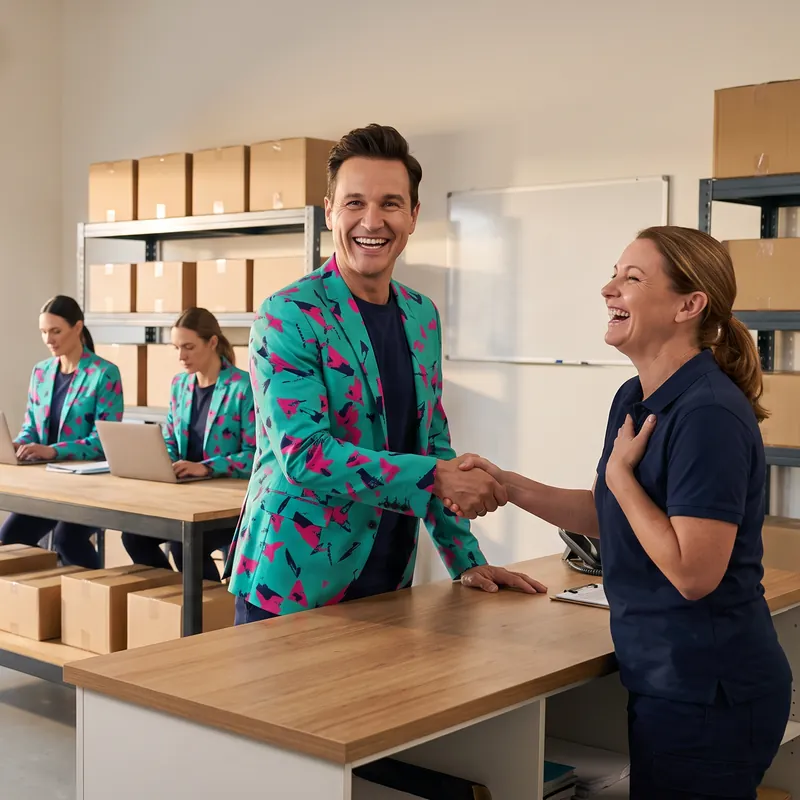 Buddy (AI), grinning in his teal print jacket, shakes hands with a delighted business owner on his first morning, while AI staff in matching jackets already work at the bench behind.